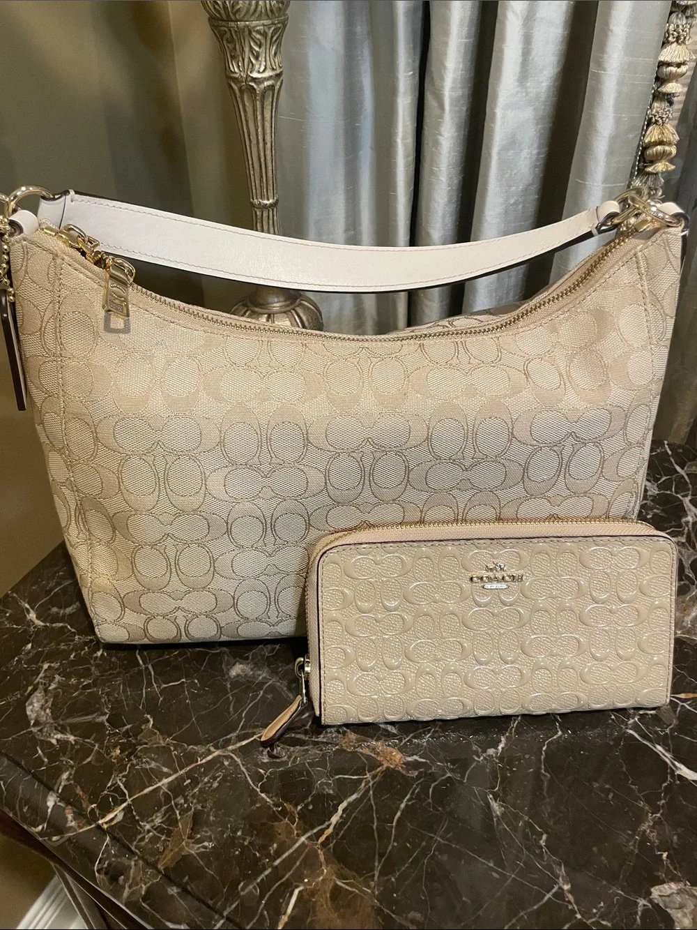Coach Beige Signature Jacquard Shoulder Bag with Zip Wallet